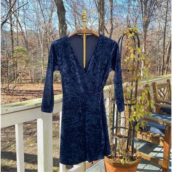 Lulu’s Navy Blue Crushed Velvet Mini Wrap Dress - Picture 1 of 8